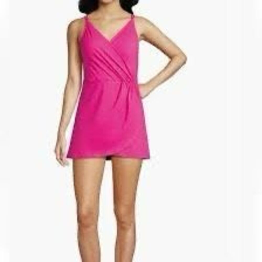 Lands End Size S V-Neck Tulip Wrap Swimsuit Dress Bright Pink Modest One Piece
